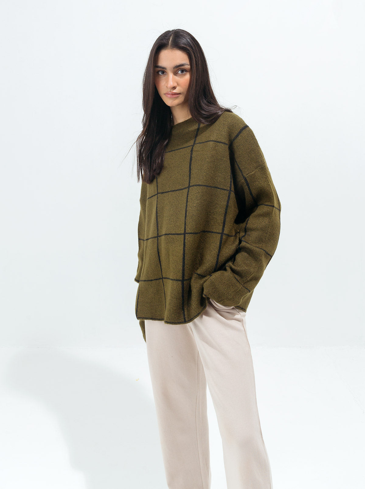 OLIVE GREEN CONTRAST GRID PULLOVER