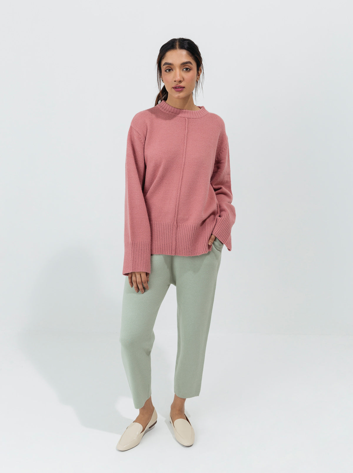 LIGHT PINK RIBBED HEM PULLOVER