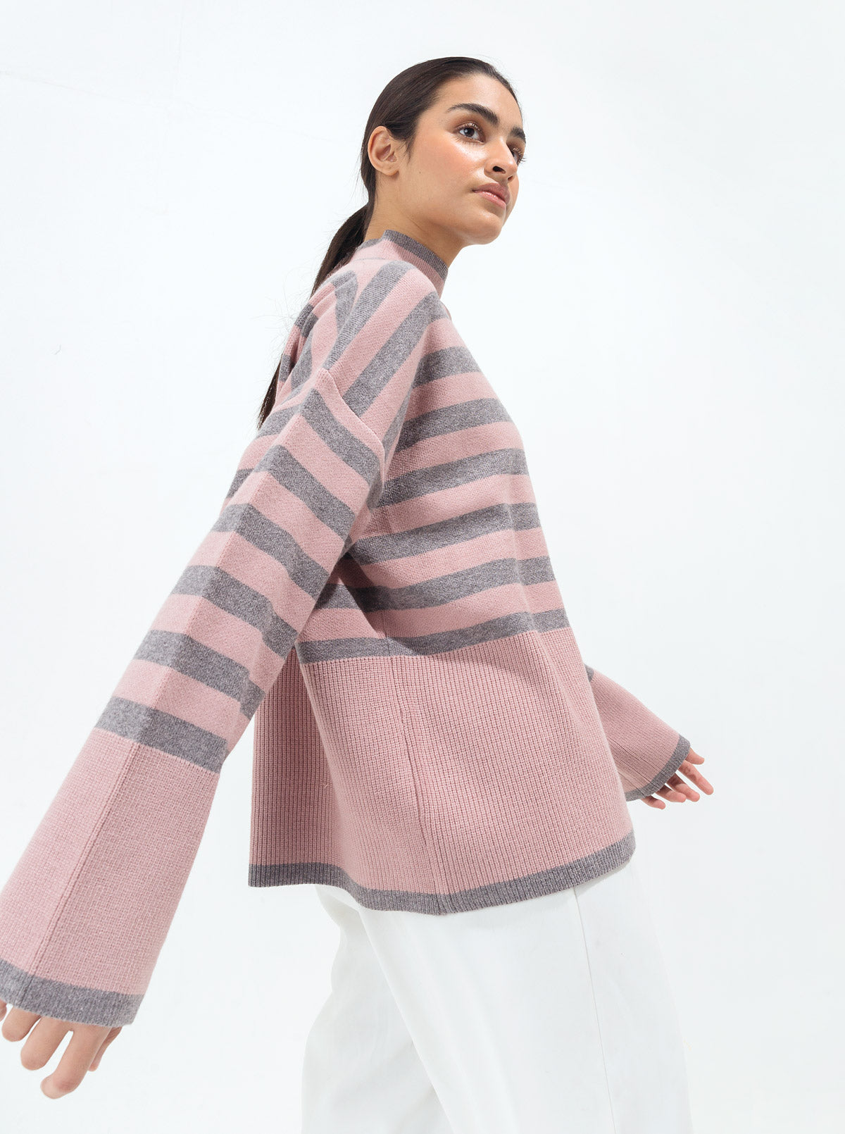 PINK GRAY STRIPED PULLOVER