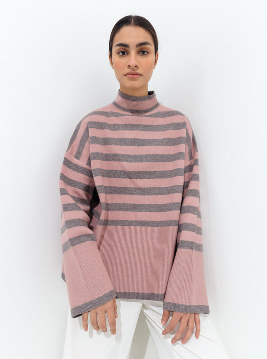 PINK GRAY STRIPED PULLOVER