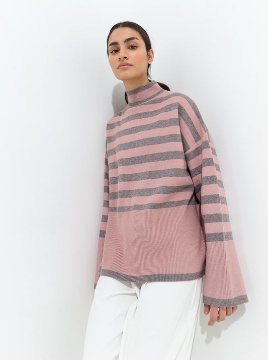 PINK GRAY STRIPED PULLOVER