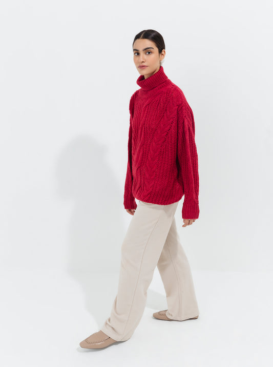 RED PURL CABLE KNIT PULLOVER