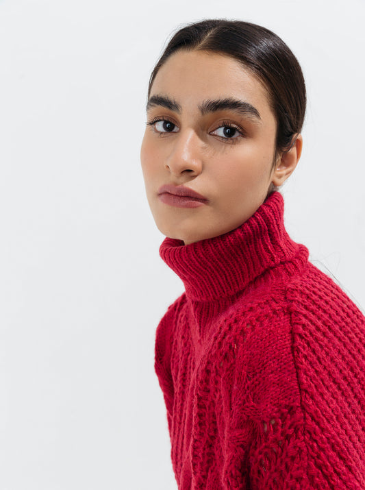 RED PURL CABLE KNIT PULLOVER