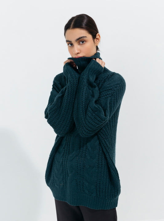 TEAL GREEN TURTLE NECK MIXED CABLE PULLOVER