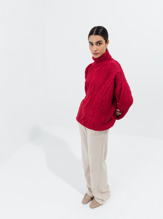 RED PURL CABLE KNIT PULLOVER