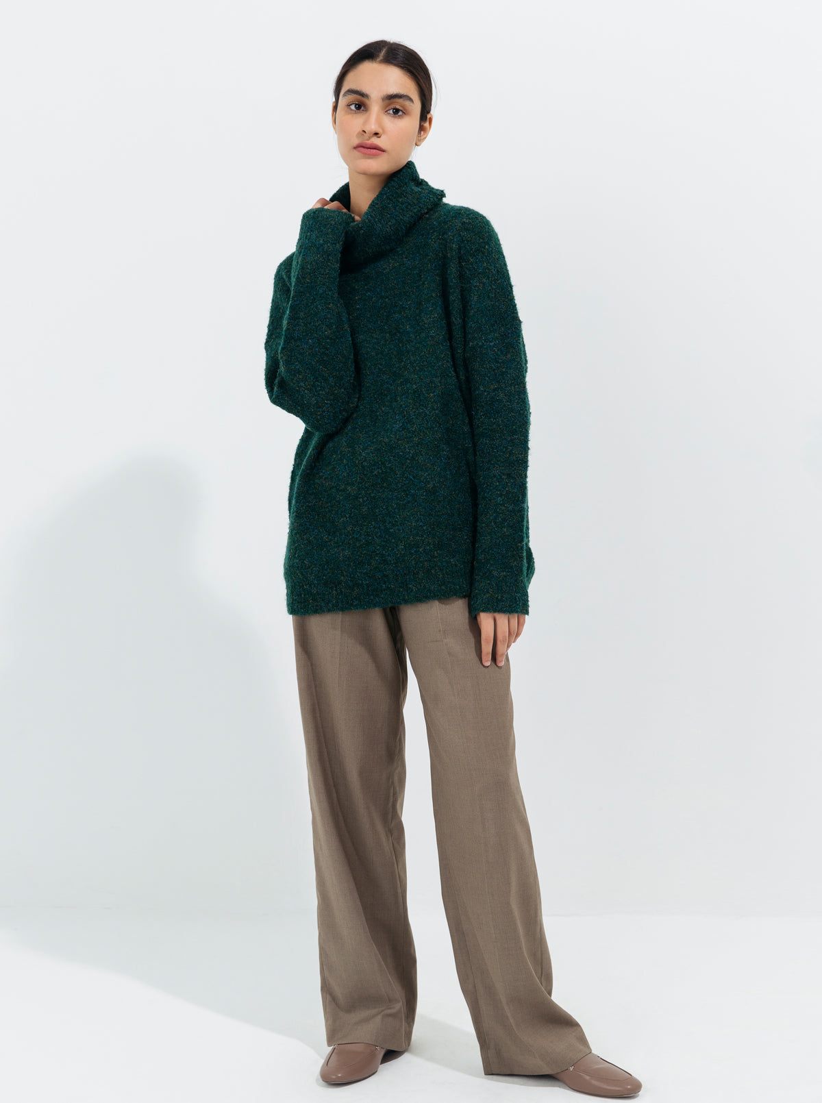 DARK GREEN FUZZY MELANGE KNIT PULLOVER