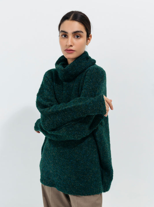 DARK GREEN FUZZY MELANGE KNIT PULLOVER