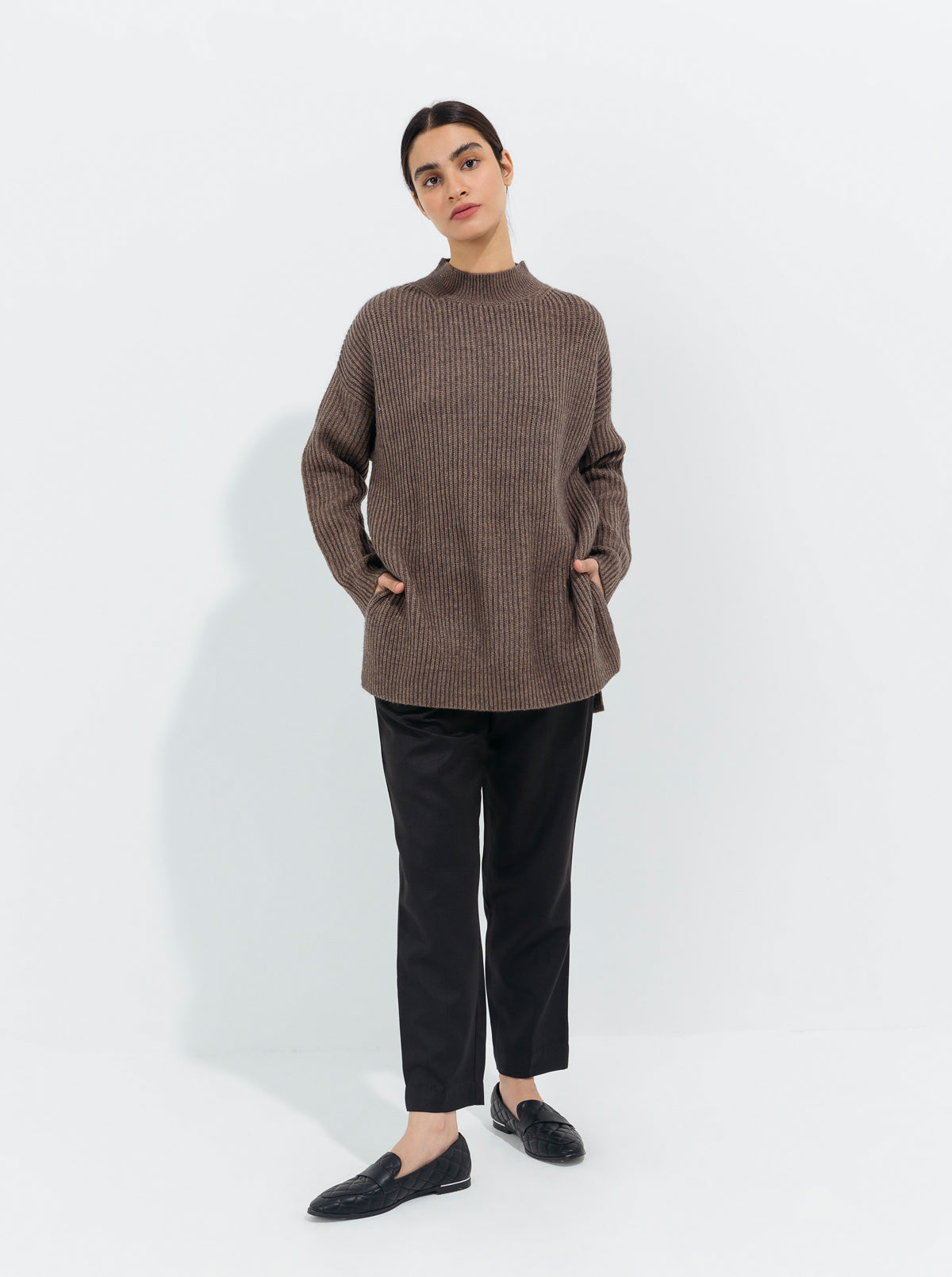 GRAY RIB KNIT PULLOVER SWEATER