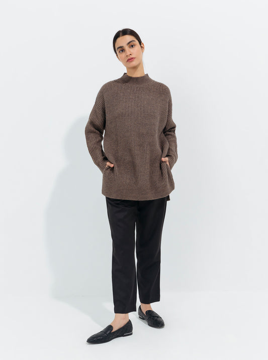 GRAY RIB KNIT PULLOVER SWEATER