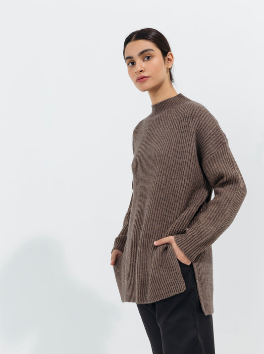 GRAY RIB KNIT PULLOVER SWEATER