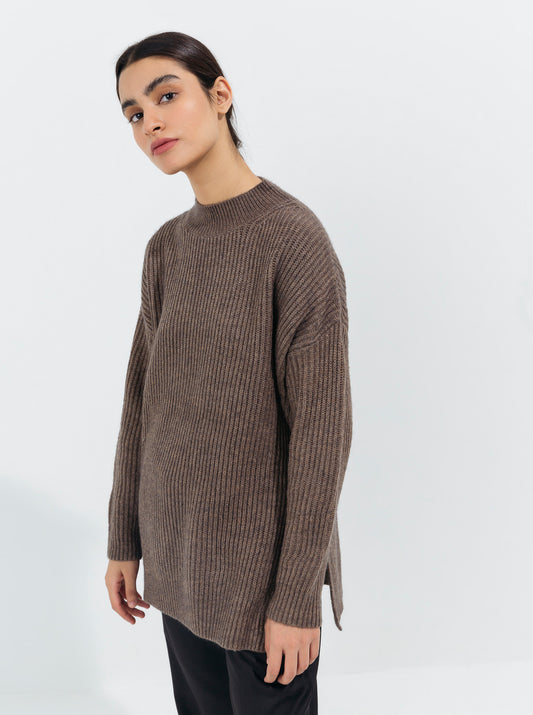 GRAY RIB KNIT PULLOVER SWEATER