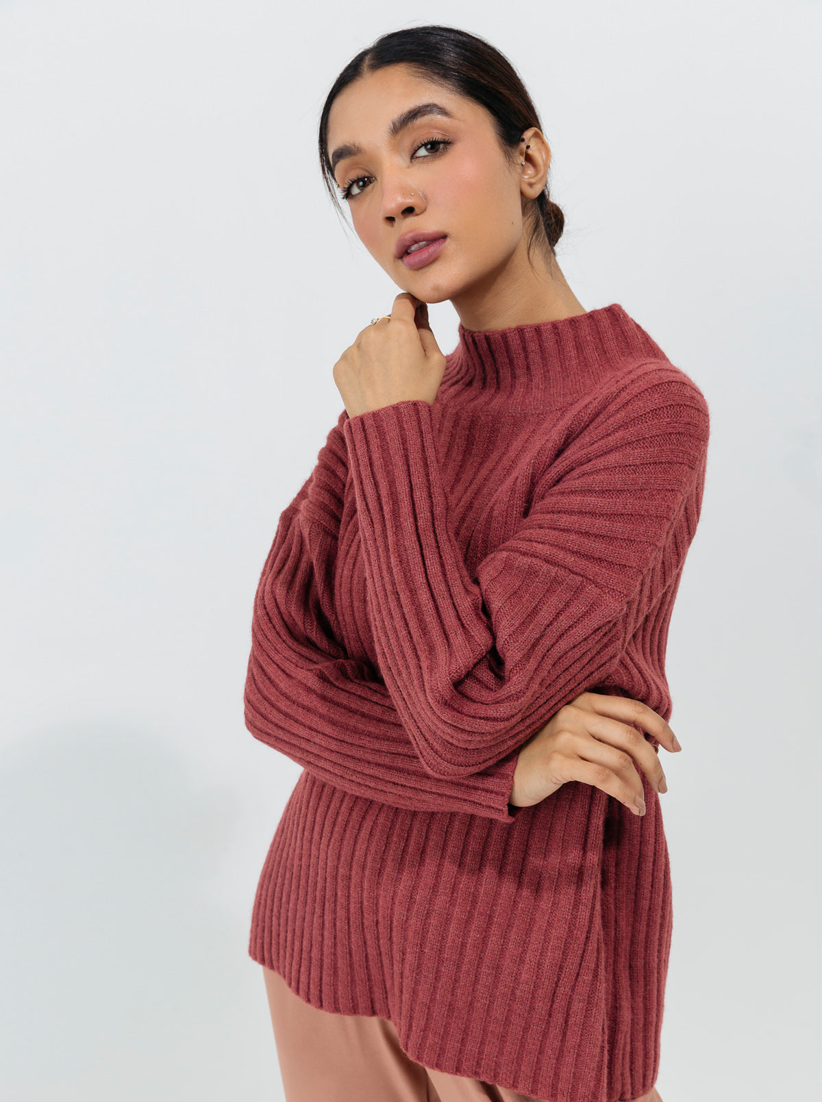 PINK DOUBLE KNIT PULLOVER SWEATER