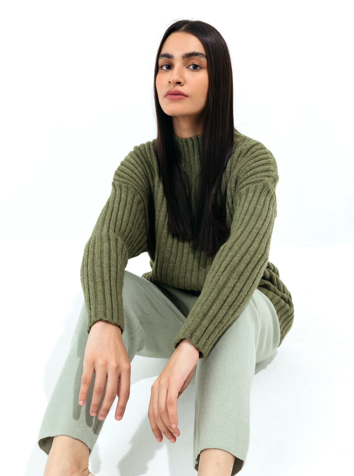 OLIVE DOUBLE KNIT PULLOVER SWEATER