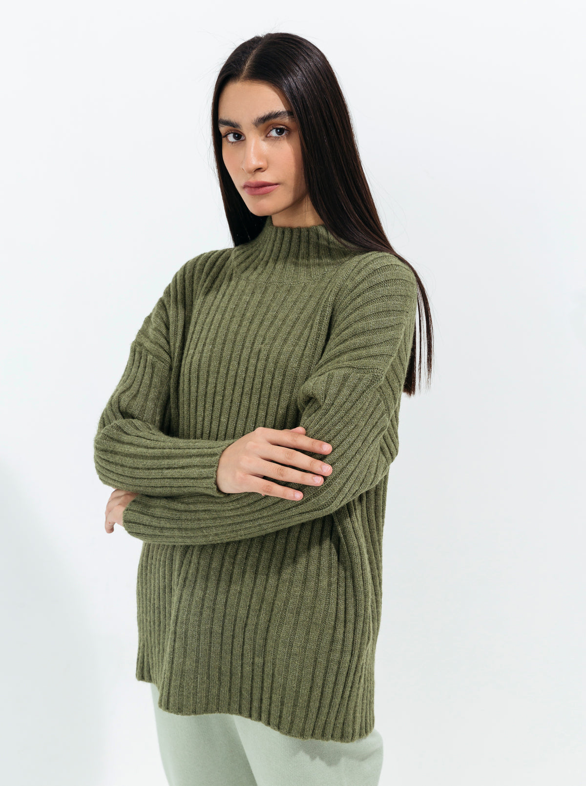 OLIVE DOUBLE KNIT PULLOVER SWEATER