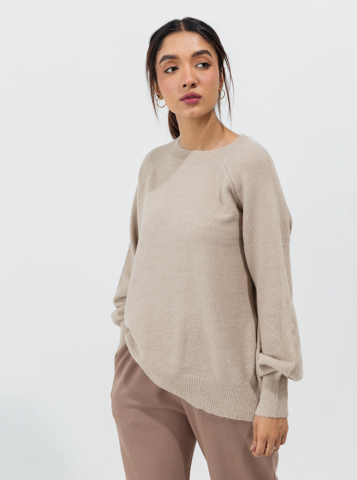 LIGHT BEIGE FLAT KNIT PULLOVER