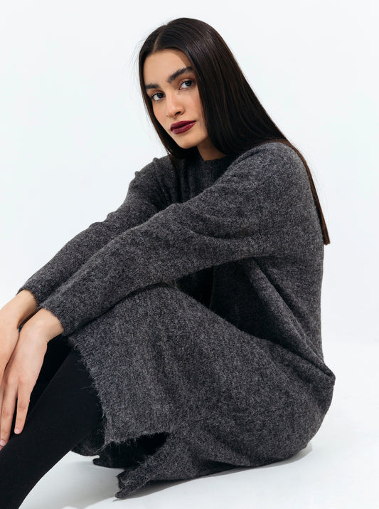 BLACK MELANGE FUZZY KNIT PULLOVER