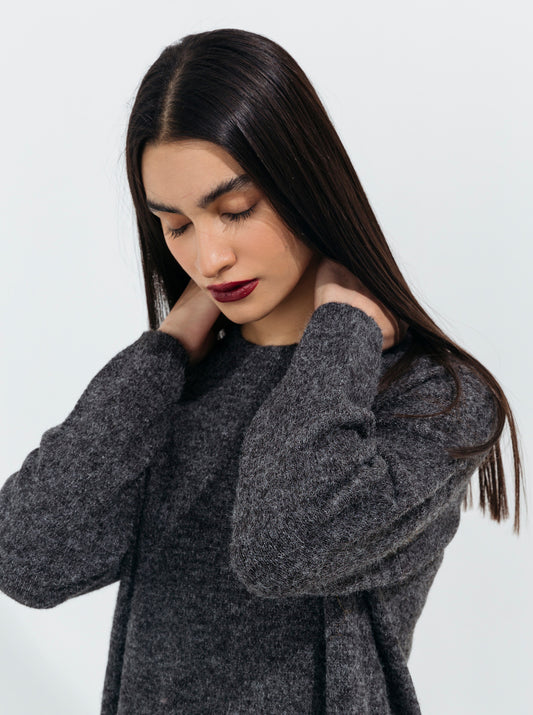 BLACK MELANGE FUZZY KNIT PULLOVER