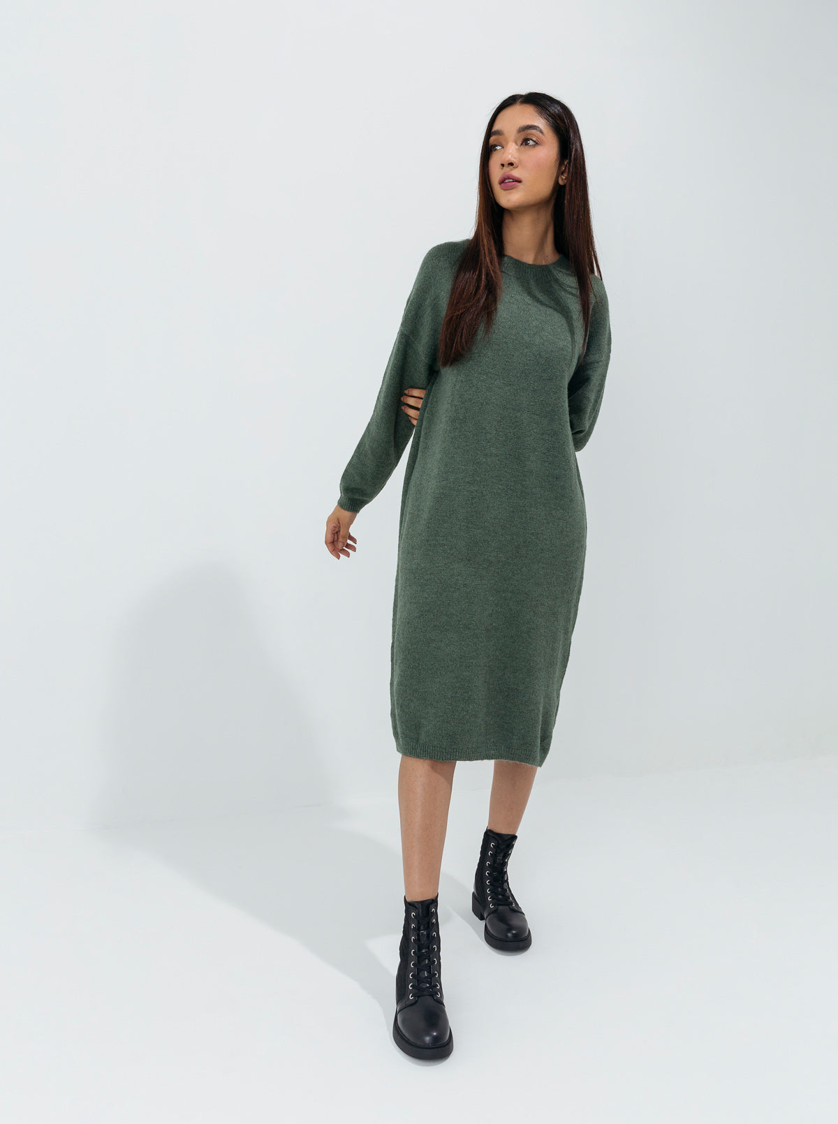 DULL GREEN FUZZY KNIT PULLOVER