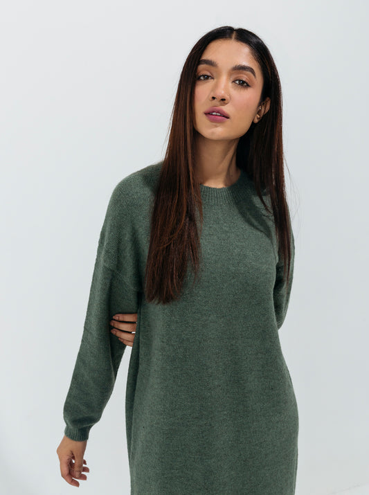 DULL GREEN FUZZY KNIT PULLOVER