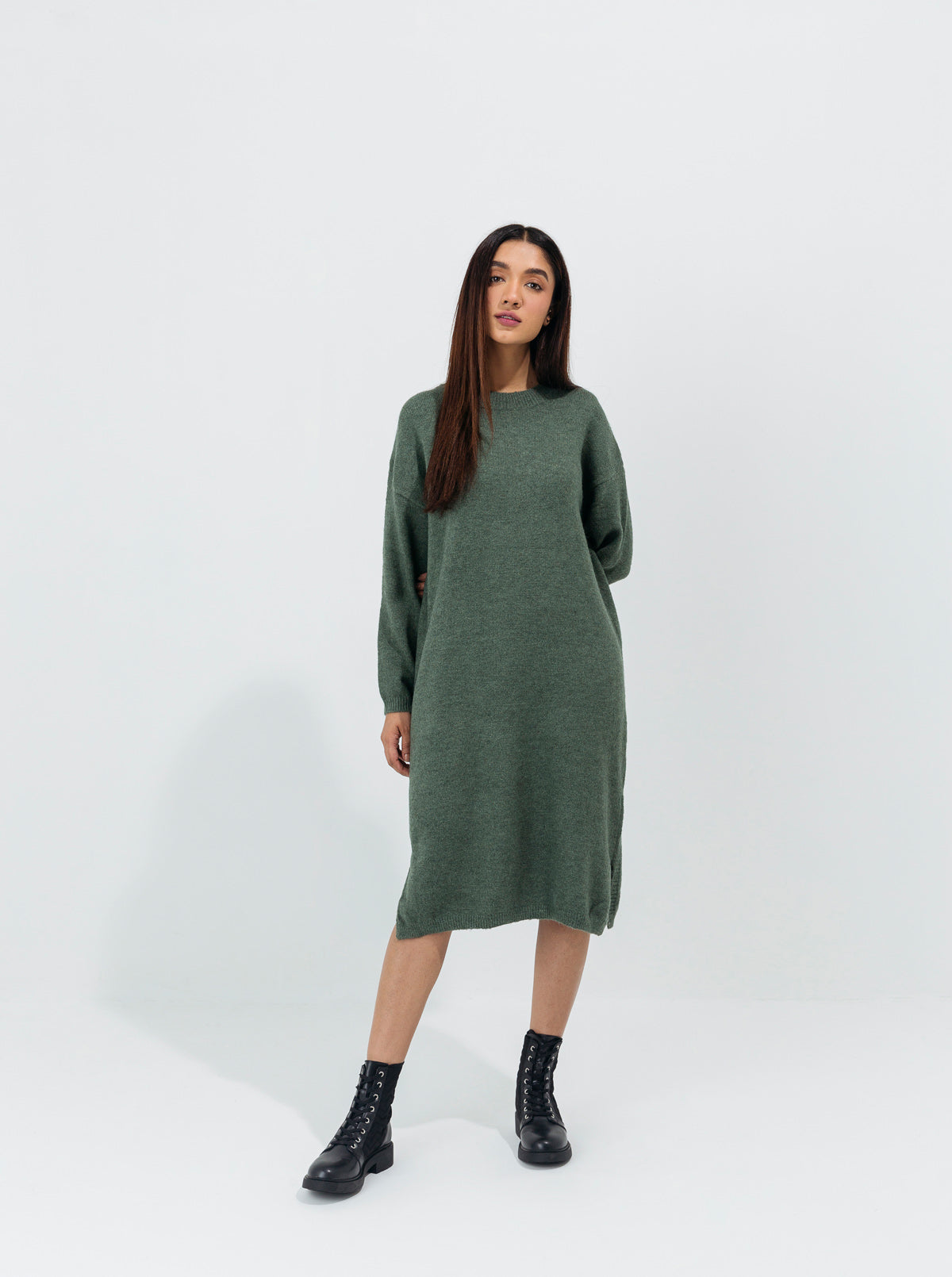 DULL GREEN FUZZY KNIT PULLOVER