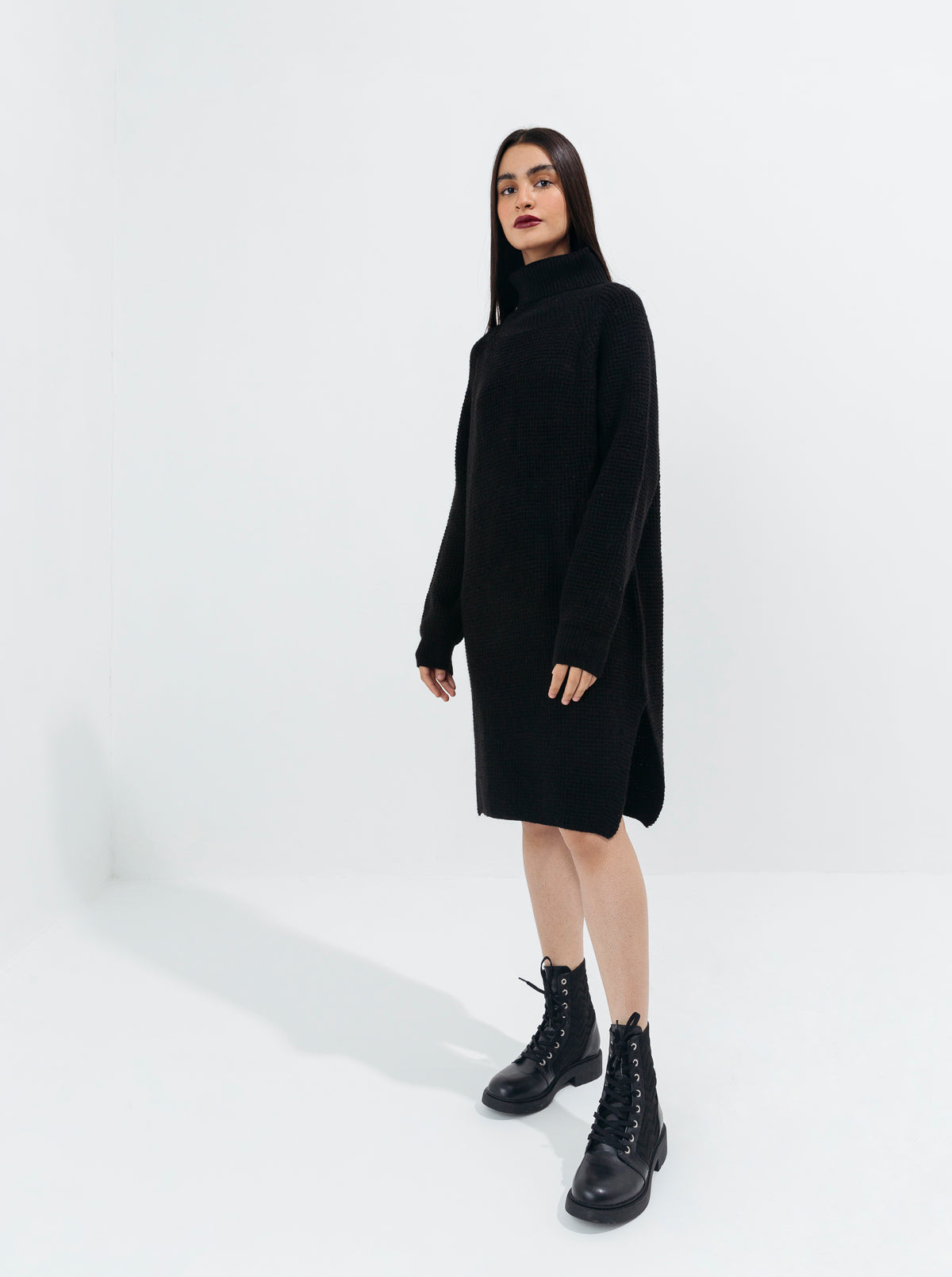 BLACK PURL KNIT LONG SWEATER