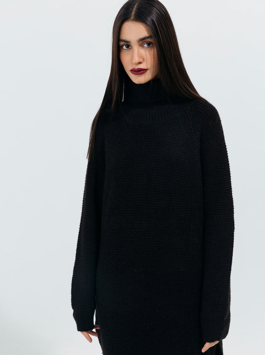 BLACK PURL KNIT LONG SWEATER