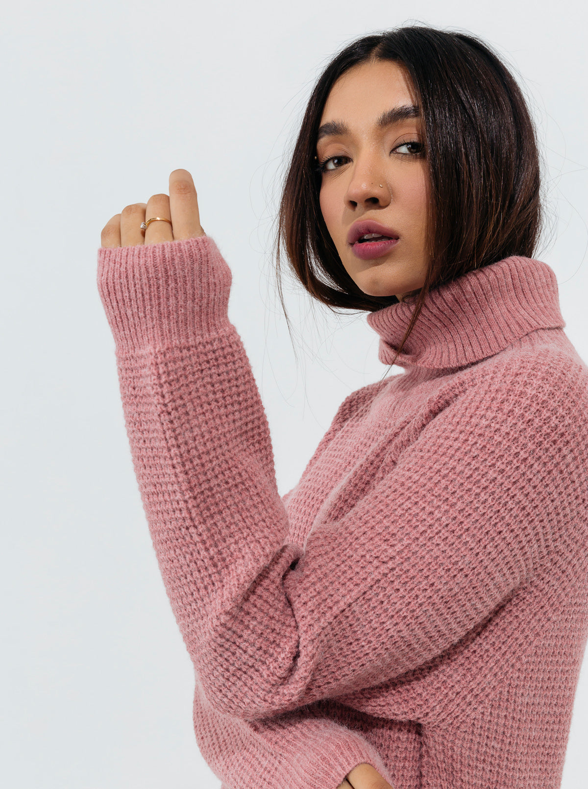 BLUSH PINK PURL KNIT LONG SWEATER