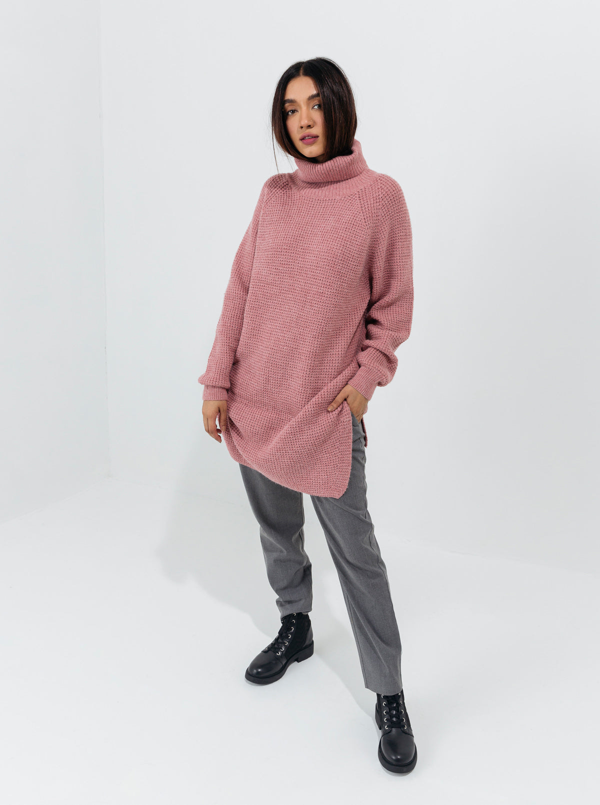 BLUSH PINK PURL KNIT LONG SWEATER