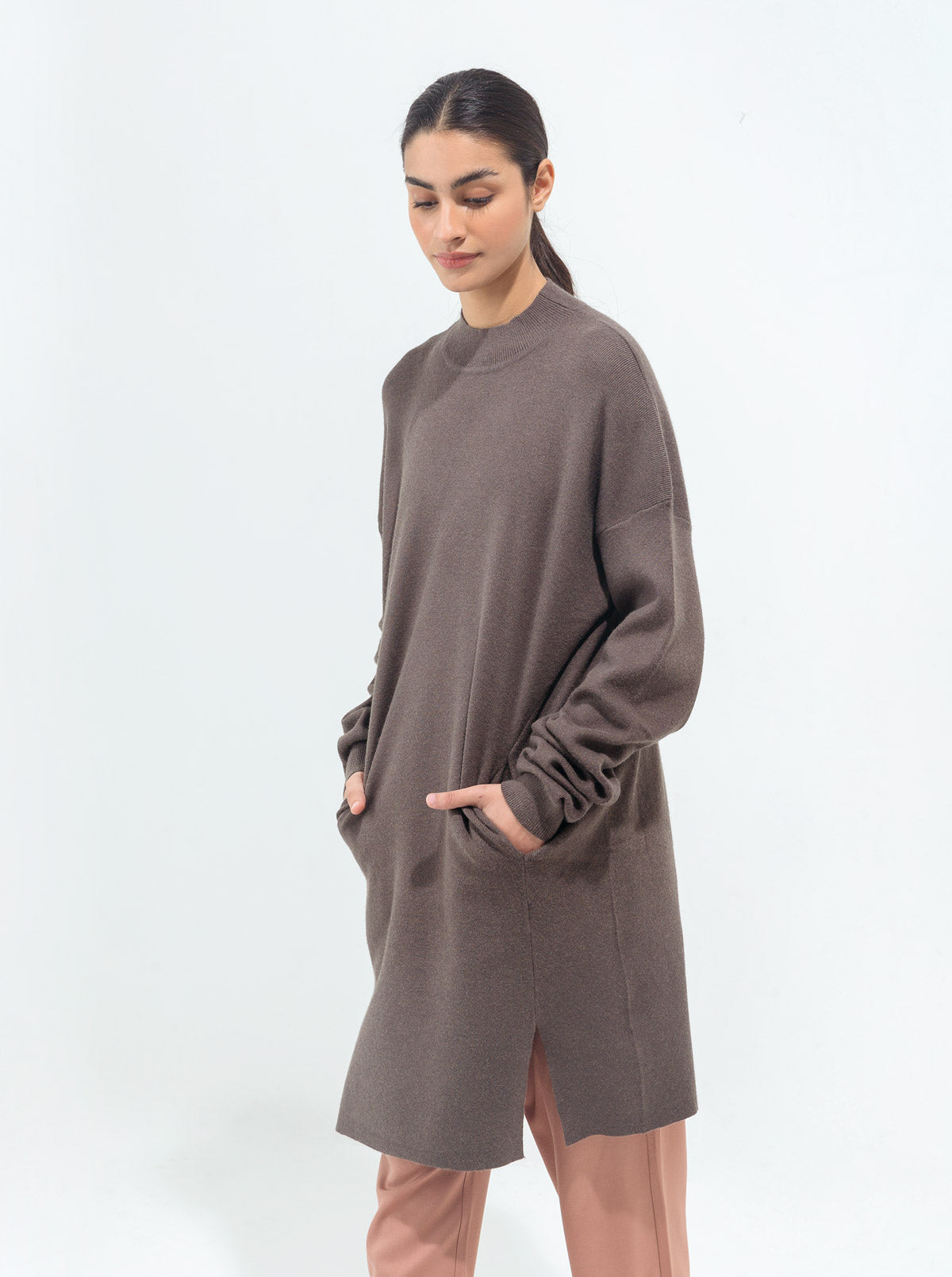 GRAY FRONT SLIT PULLOVER TUNIC