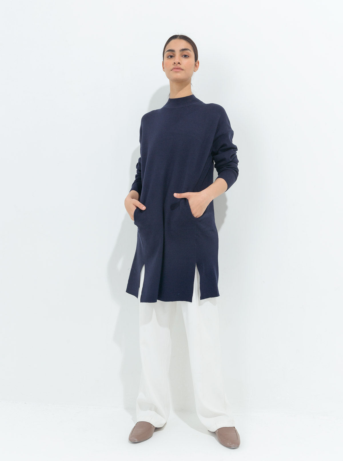 BLUE FRONT SLIT PULLOVER TUNIC