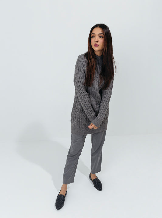 GRAY CABLE KNIT LONG PULLOVER