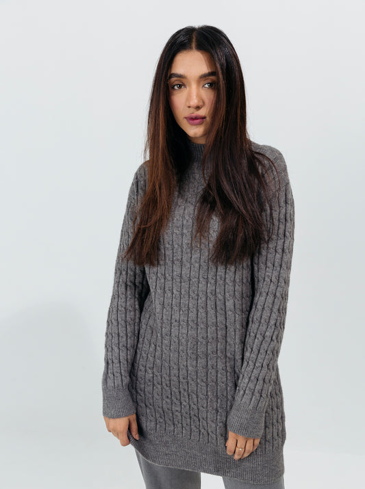 GRAY CABLE KNIT LONG PULLOVER