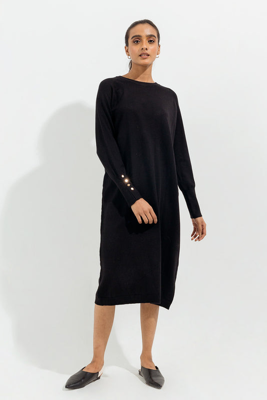 BLACK BUTTONED LONG SWEATER DRESS