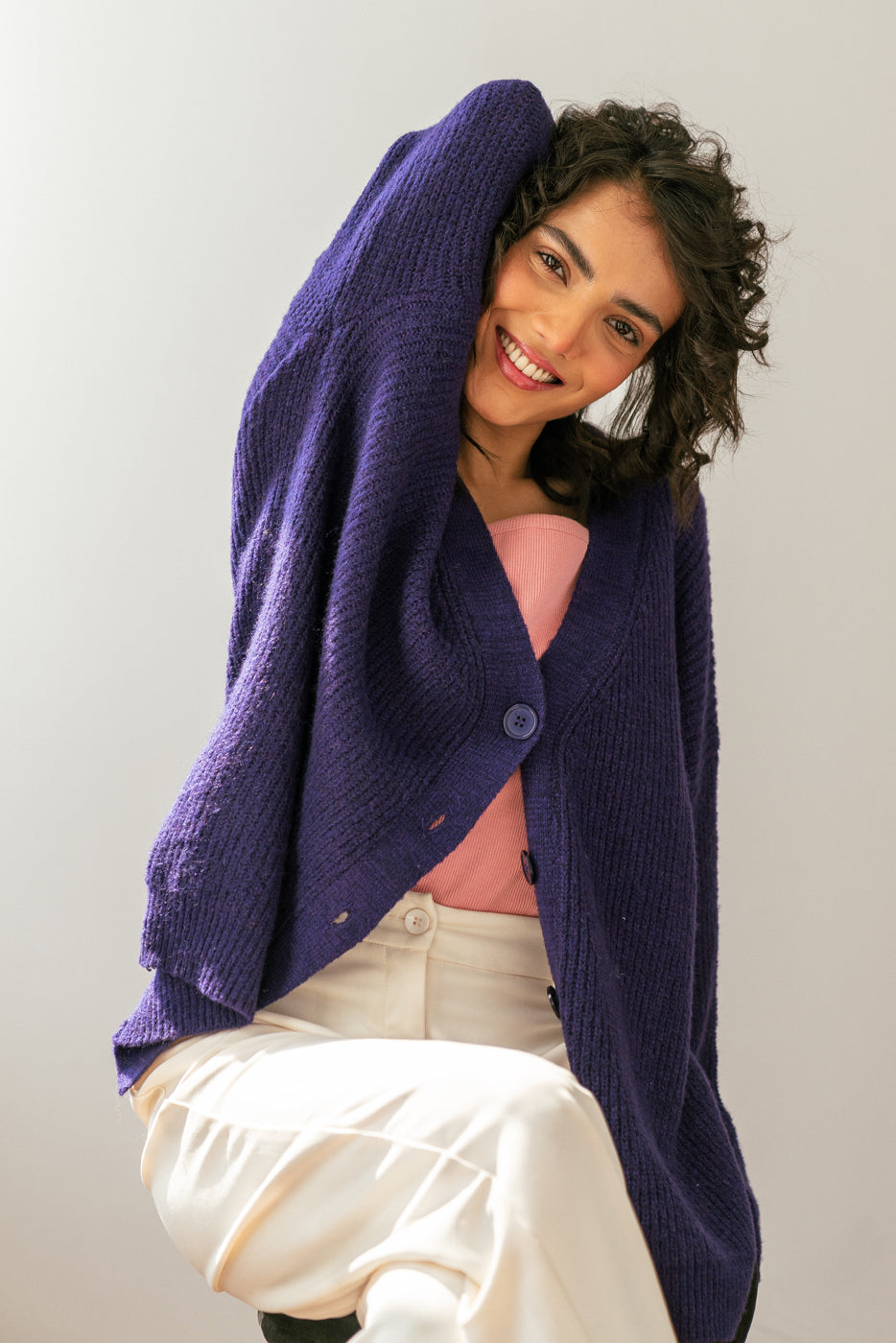 Purple Oversized Rib Knit Cardigan - BEECHTREE